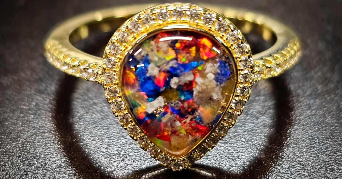 Bedazzled Pear Opal Ring with Cremation Ashes Memorial Glass