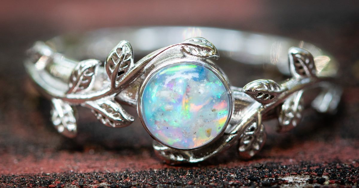 Leaf Opal Cremation Ring Memorial Glass Jewelry
