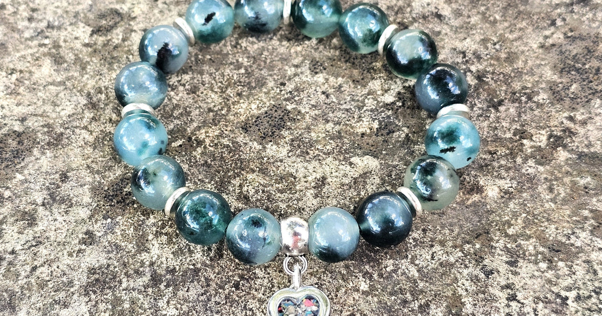 Moss Agate Bracelet with Cremation Ashes Memorial Glass Jewelry