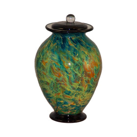 green glass urn for cremation ashes of person