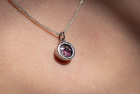Dainty Silver Circle Pendant, with teal and magenta crushed opal, worn by model. Dainty Necklace, Small Necklace, Tiny Necklace, Silver Necklace for Ash, Necklace for Ash, Simple Necklace for Ash, Cremation Jewelry