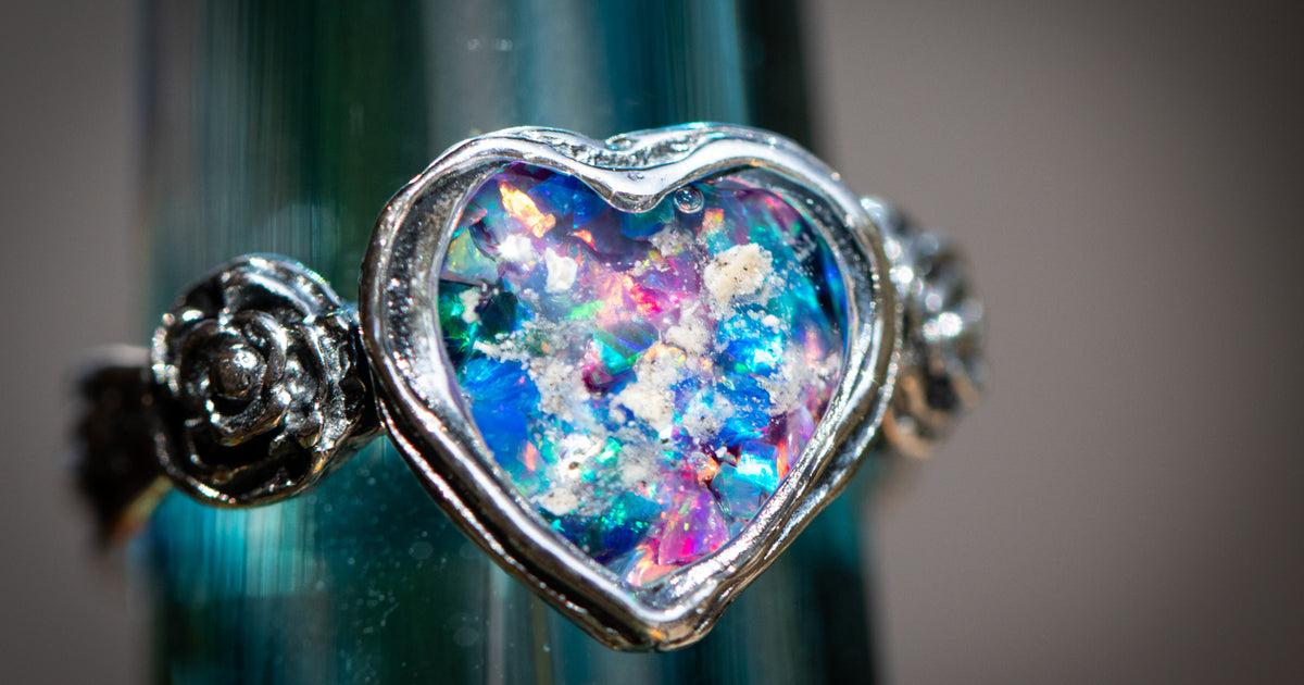 Silver Heart Opal Ring Ashes in Glass