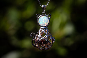 Filigree Cat Urn with opal. Silver necklace for ash, silver necklace for pet ash, cremation ash jewelry, cat jewelry, cat necklace, cat cremation jewelry, memorial jewelry, pet memorial jewelry