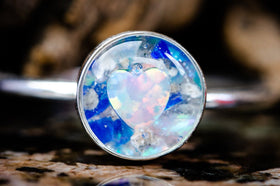 cremation ring opal heart and in blue and ice white, ring for ash, jewelry for ash, cremation jewelry, memorial jewelry, pet ash jewelry