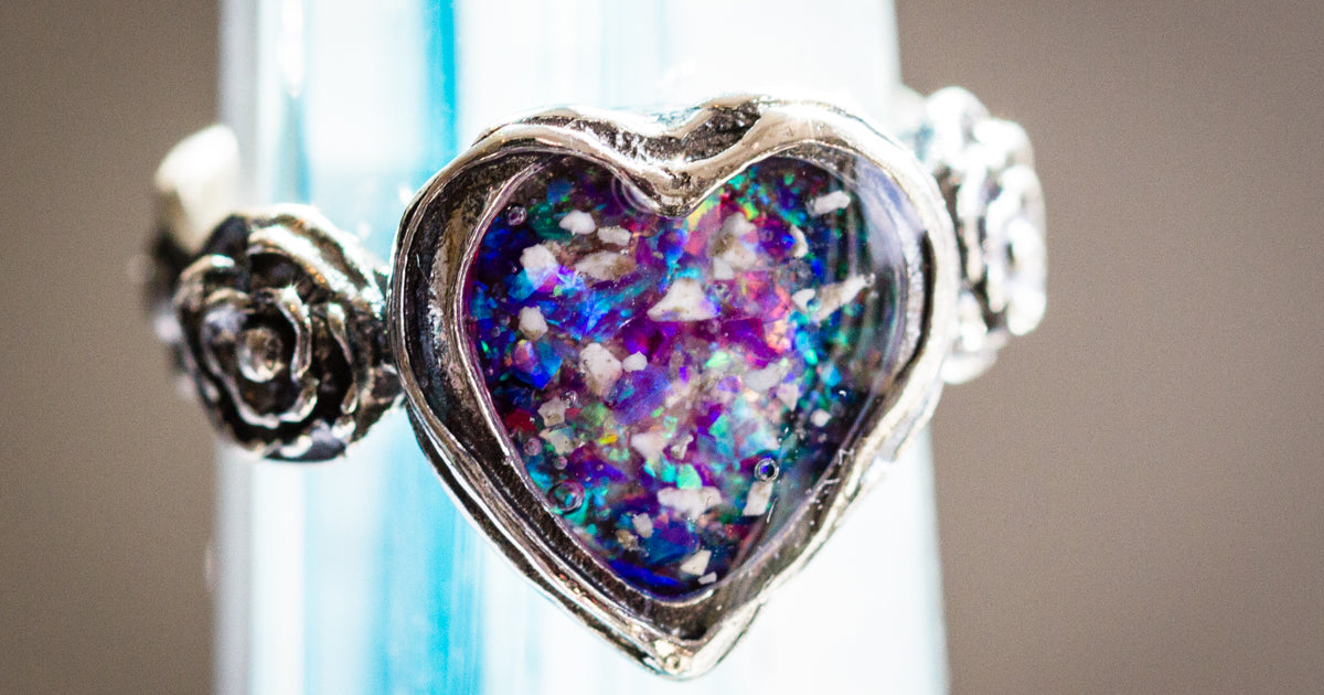 Silver Heart Opal Ring Ashes in Glass
