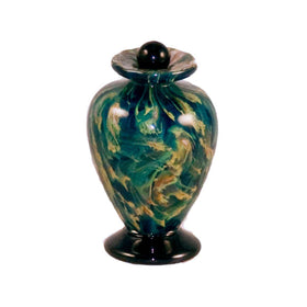 green glass urn for cremation ashes of person