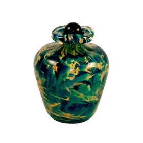 green glass urn for cremation ashes of person