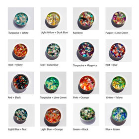 Opal combination chart. Top row, left to right: turquoise/white, light yellow/dusk blue, rainbow, purple/lime green. Second row, left to right: red/yellow, teal/dusk blue, turquoise/magenta, red/blue. Third row, left to right: red/black, turquoise/lime green, pink/orange, green/yellow. Fourth row, left to right: light blue/teal, light blue/orange, green/black, blue/green.