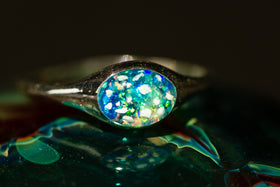 Silver Oval Ring with blue, light blue, and green opal. Ring for ash, Ring for pet ash, Cremation jewelry, Jewelry for ash, Jewelry for pet ash