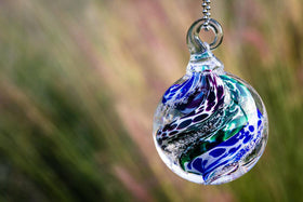Blue Green Cat Eye Hanging Orb with Cremation Ash