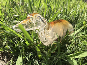 glass dog sculpture with cremation ash in grass 2