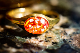 14K Gold Plated Ring with orange and red opal. Ring for Ash, Cremation Ash Jewelry, Cremation Ash Keepsake Jewelry, Remembrance Jewelry