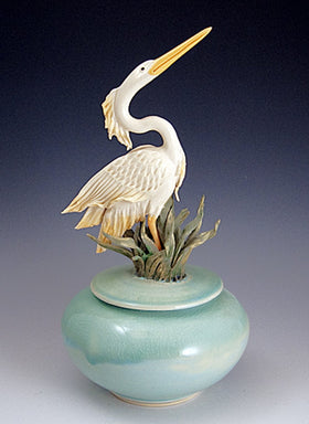 Handmade Ceramic Urn Jar for Ashes of Loved Ones with Handsculpted Ceramic Heron
