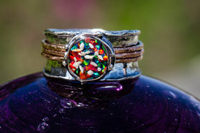 Two Tone Spin Ring with red and teal opal. Ring for ash, jewelry for ash, jewelry for pet ash, cremation jewelry, remembrance jewelry