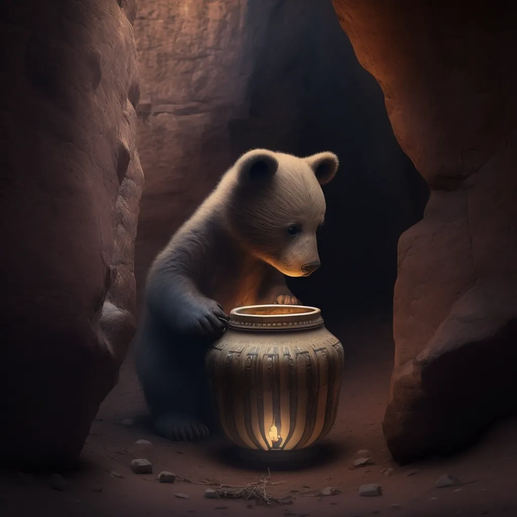 bear in cave with urn