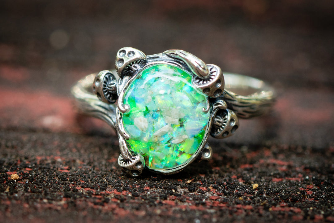 mushroom cremation ring with ashes from pets and people