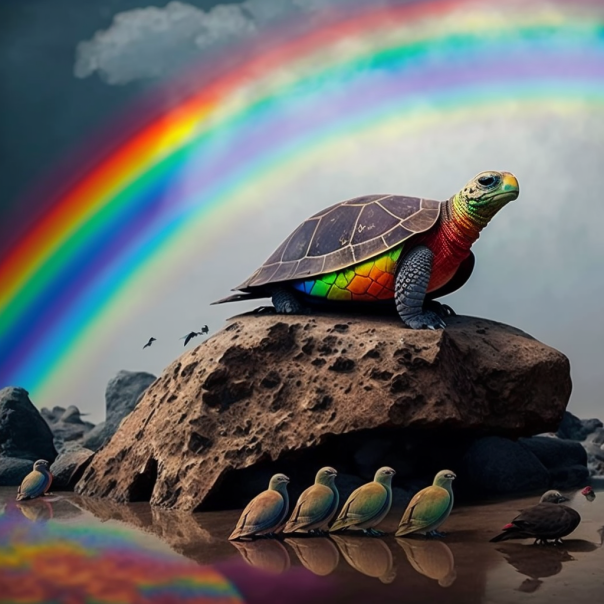 a turtle under a rainbow