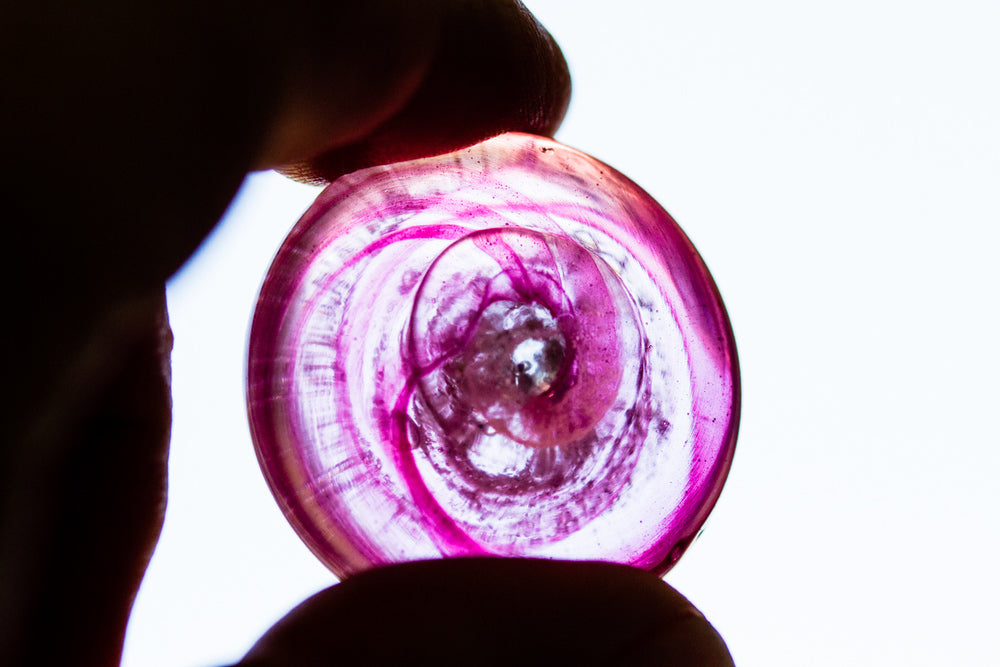 Purple pink circular glass piece held between fingers against a bright white background.