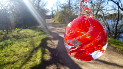 Red glass heart memorial ornament with cremains hanging from a branch along a sunlit Ladybird Lake park path