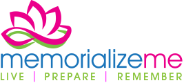 Memorialize Me logo featuring a pink flower icon and teal text with LIVE PREPARE REMEMBER slogan.