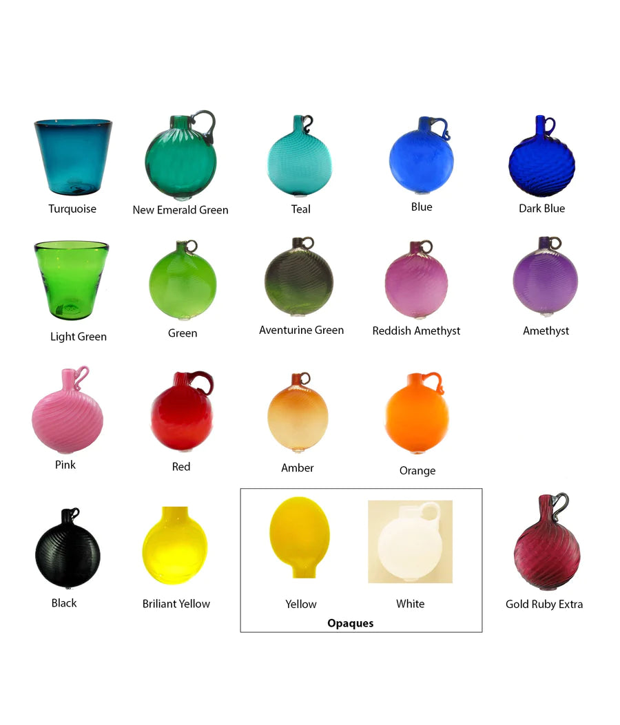 Grid of colorful glass ornament balls in multiple colors with color labels beneath each orb