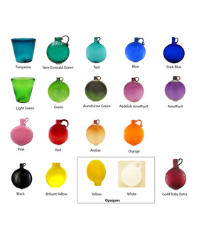 Grid of colorful glass ornament balls in multiple colors with color labels beneath each orb