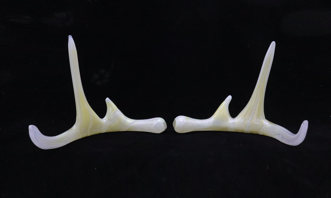 Cream white glass deer antlers infused with cremation ash displayed on a black backdrop.
