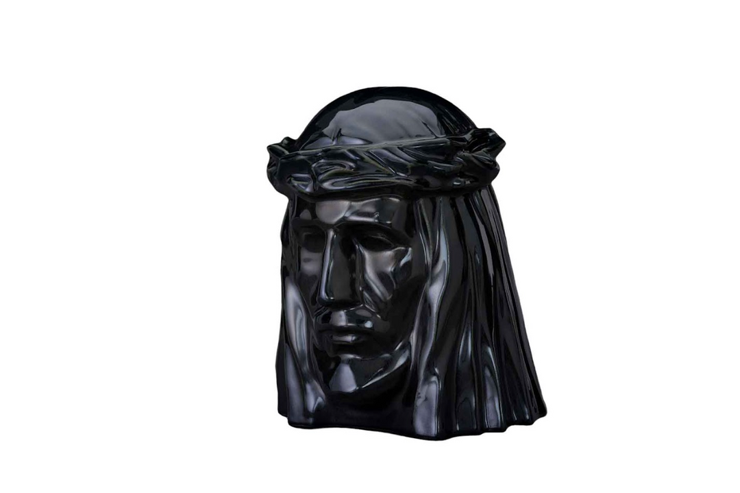 Glossy black ceramic bust of Christ wearing a crown of thorns