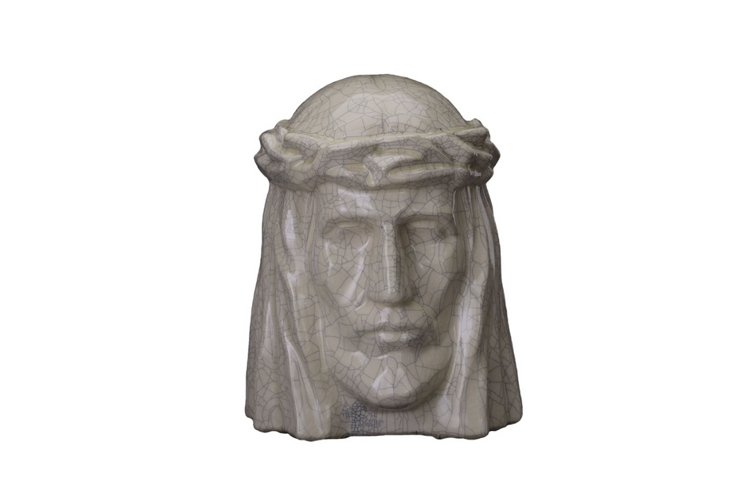 Beige crackle glaze ceramic Christ bust wearing a crown of thorns