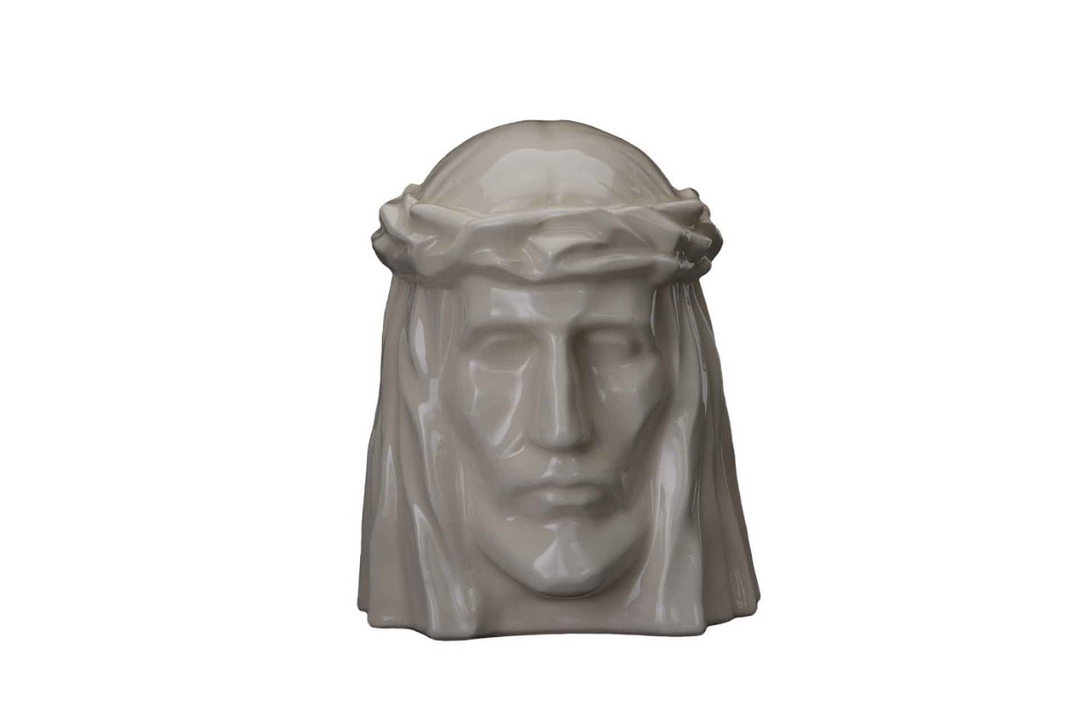 Light gray ceramic Christ head urn with crown of thorns, glossy glaze