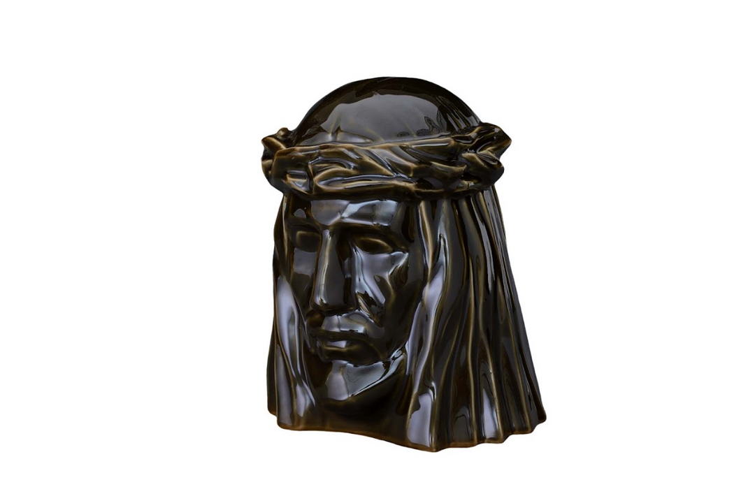 Glossy dark ceramic urn depicting Christ with a crown of thorns encircling the head