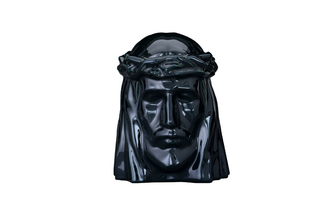 Shiny black ceramic Christ urn in the shape of a crowned bust with a thorn wreath