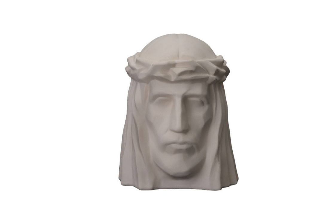 White ceramic Christ urn bust with a crown of thorns encircling the head
