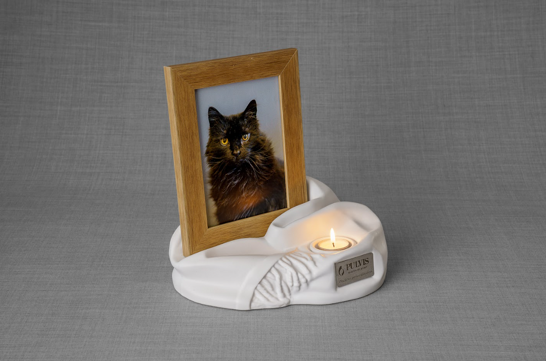 Cat portrait in a wooden frame atop a white sculpted ceramic urn with a lit candle.