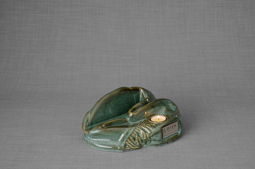 Green glazed Cozy ceramic urn with candle holder and engraved plaque