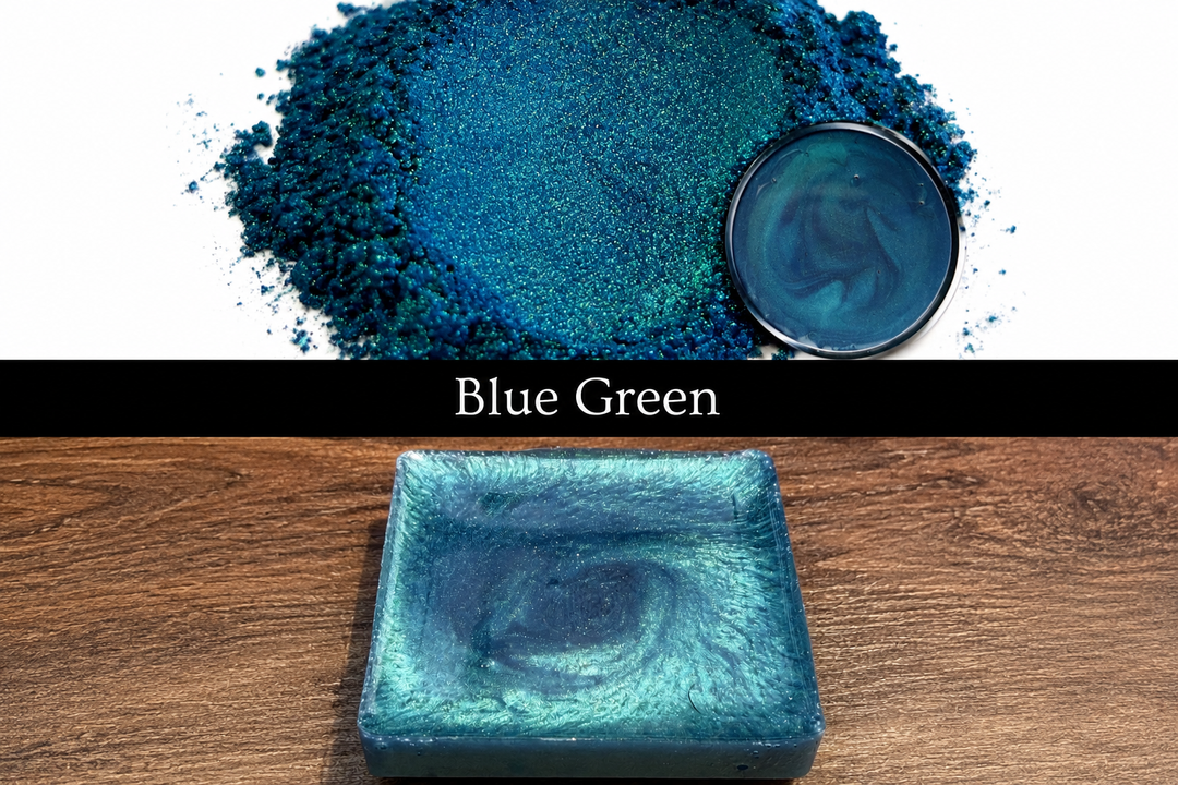 Blue-green powder and a blue-green color on a wooden surface with 'Blue Green' text.