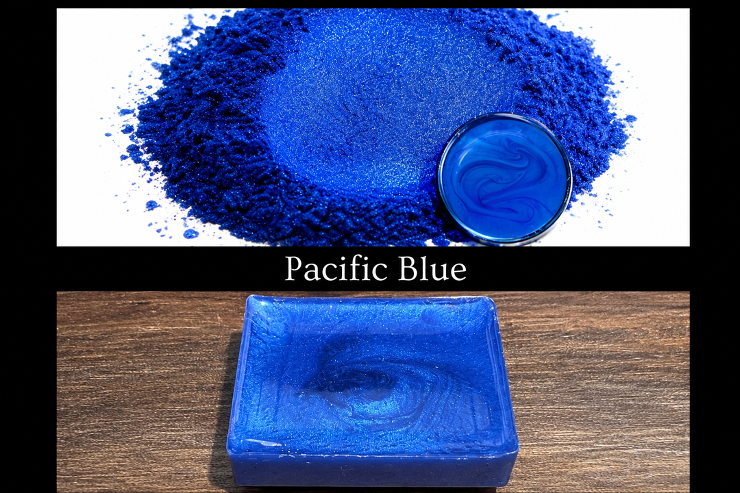 Blue powder and blue block with 'Pacific Blue' text on a white background