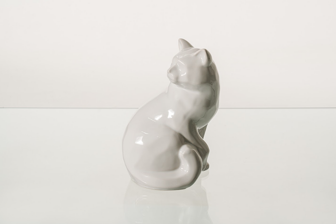 White glazed ceramic cat urn with a smooth timeless design for a feline memorial