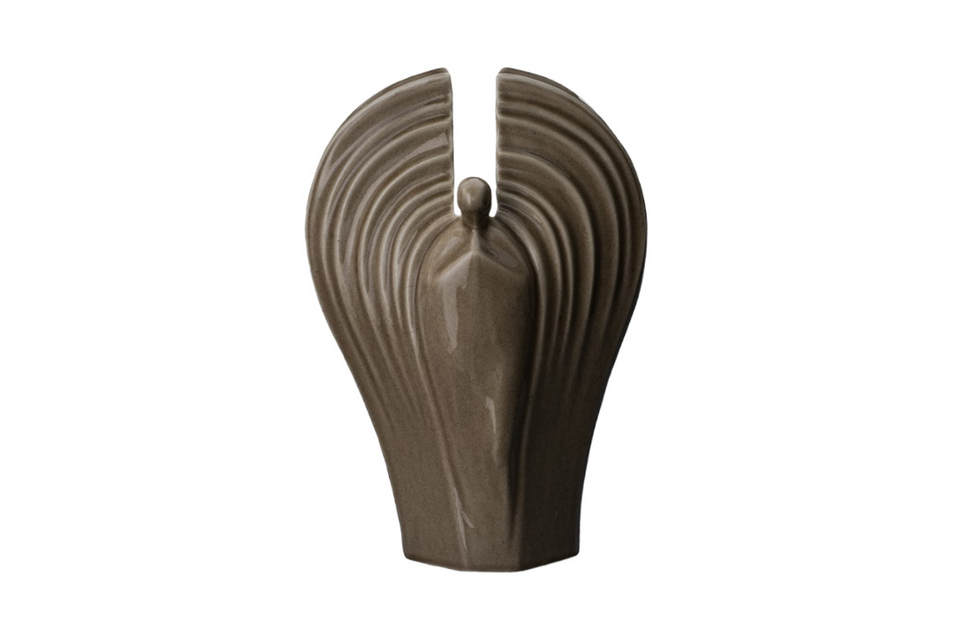 Brown Guardian ceramic urn with a winged split form and flowing ribbed grooves.