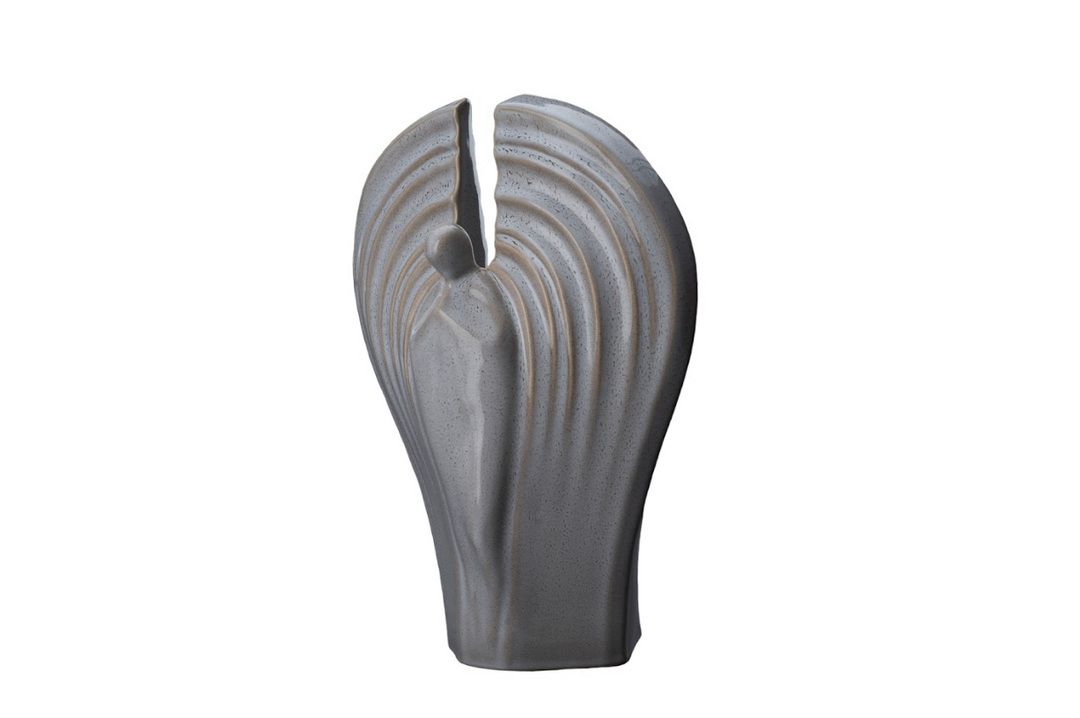 Guardian Ceramic Urn in pale gray with flowing ribbed curves and a central vertical split at the top