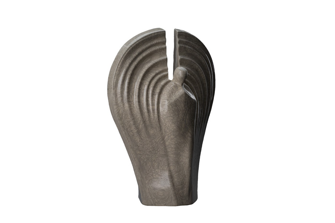 Guardian Ceramic Urn in light taupe with a cracked glaze pattern and a prominent vertical split