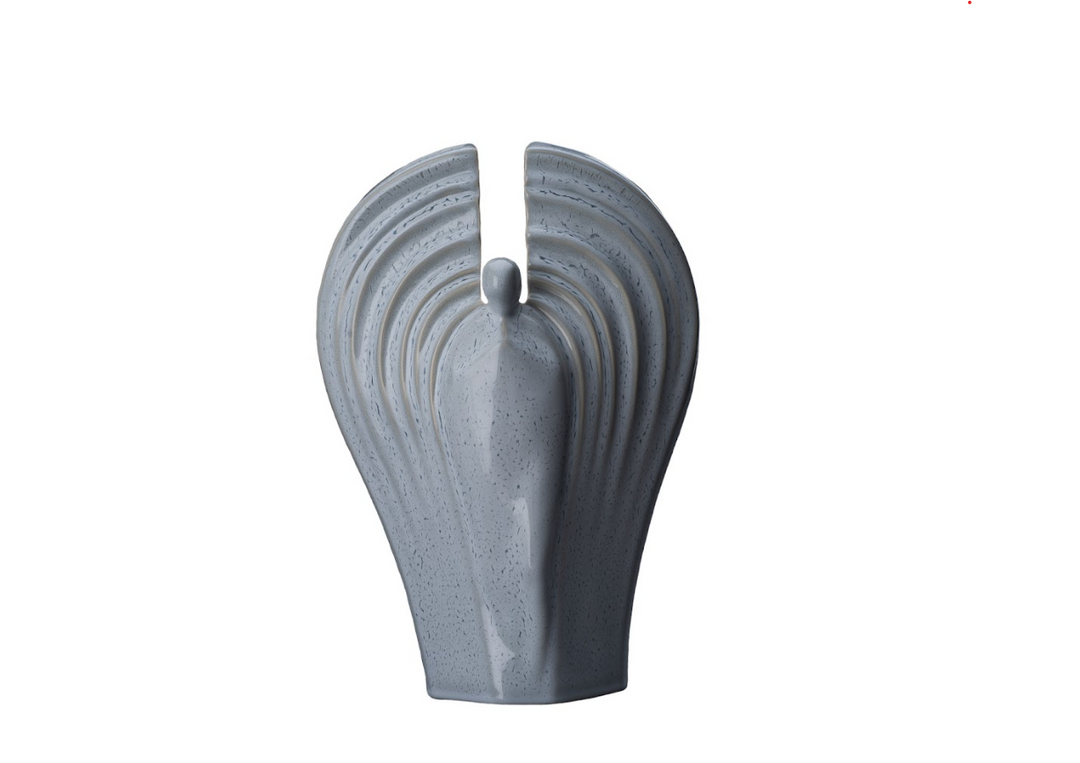 Blue gray Guardian ceramic urn with a winglike split design and speckled glaze.