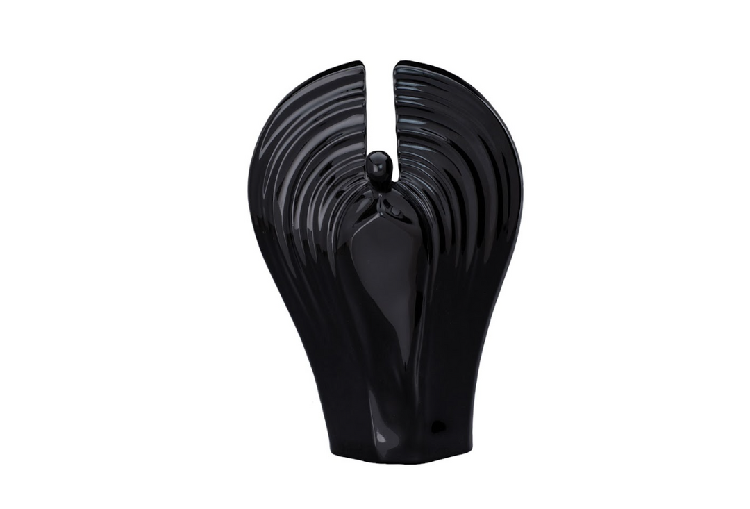 Guardian Ceramic Urn in glossy black with a deep vertical split and concentric ribbed contours