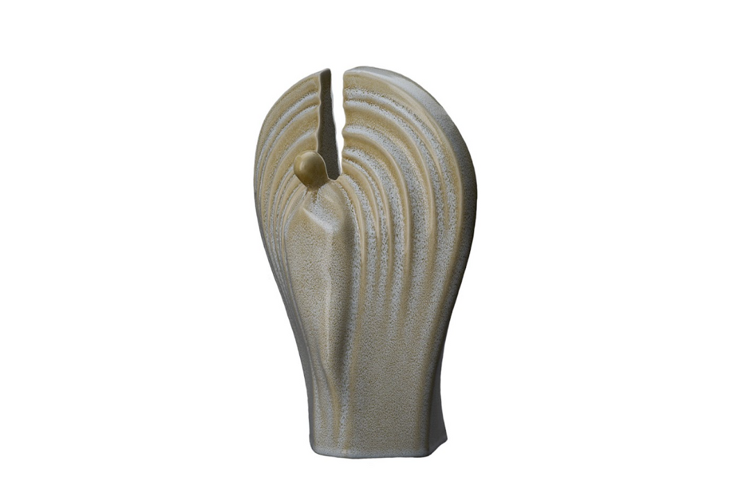 Guardian Ceramic Urn beige finish with a vertical top split and winglike grooves along the body.