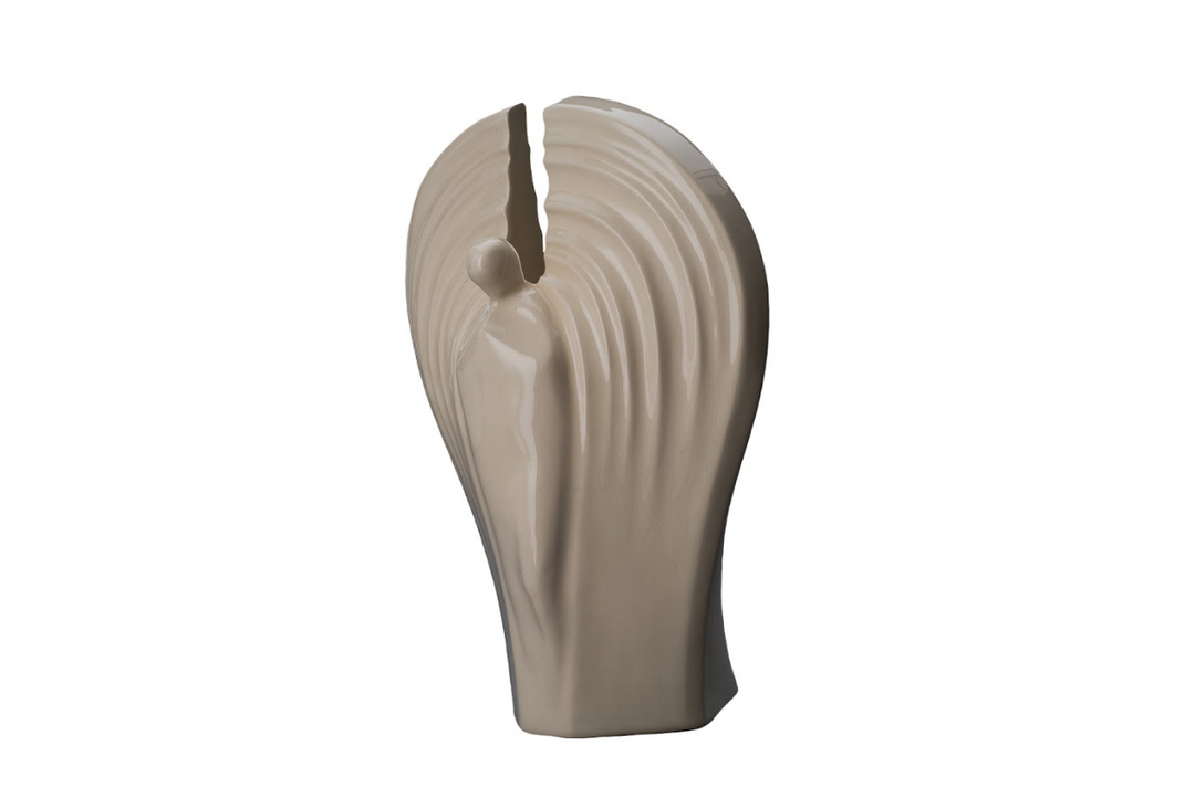 Cream Guardian Ceramic Urn with a top split and winglike sculpted ridges.
