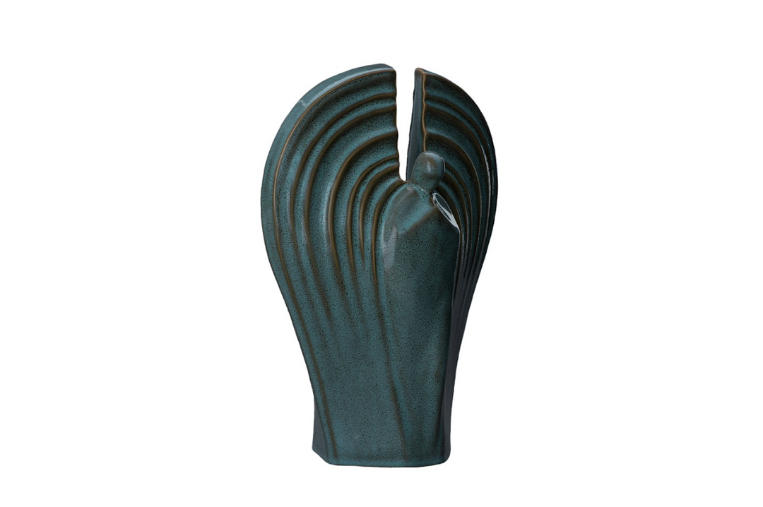 Teal Guardian Ceramic Urn with a split top and bold ribbed winglike curves.