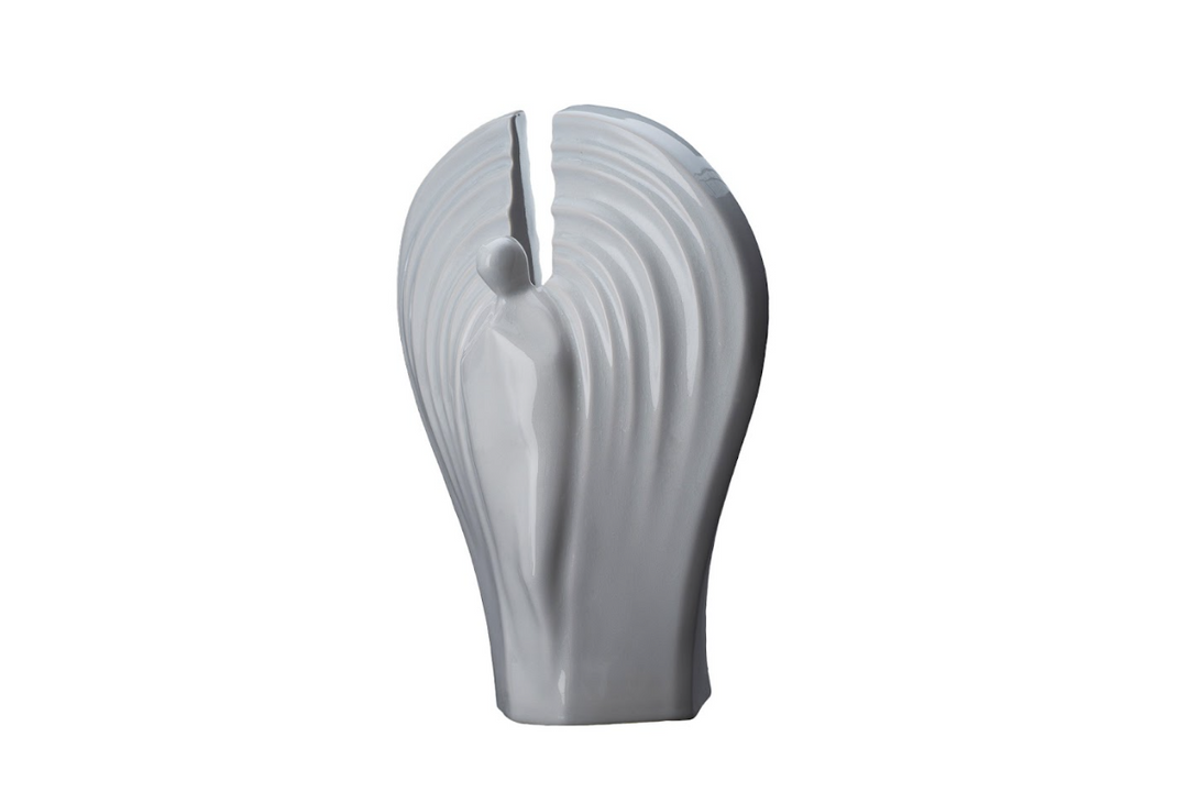 Guardian Ceramic Urn in white with graceful curved lines and a split opening at the top.
