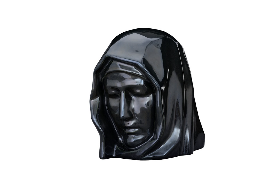 Glossy black ceramic Holy Mother urn bust with a veiled face.