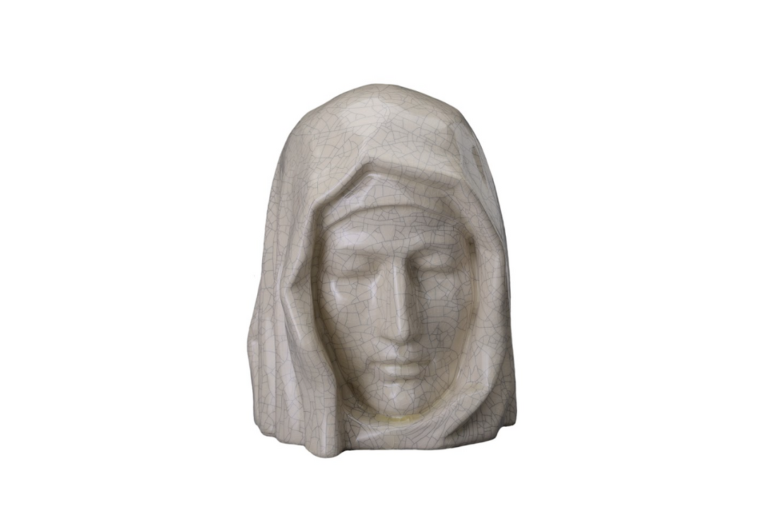 Cream crackle glaze Holy Mother urn bust with a veiled head.