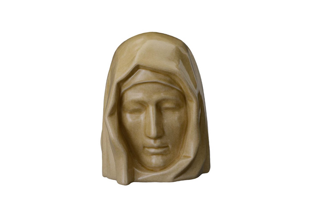 Two beige Holy Mother ceramic busts in varying sizes displayed against a white background
